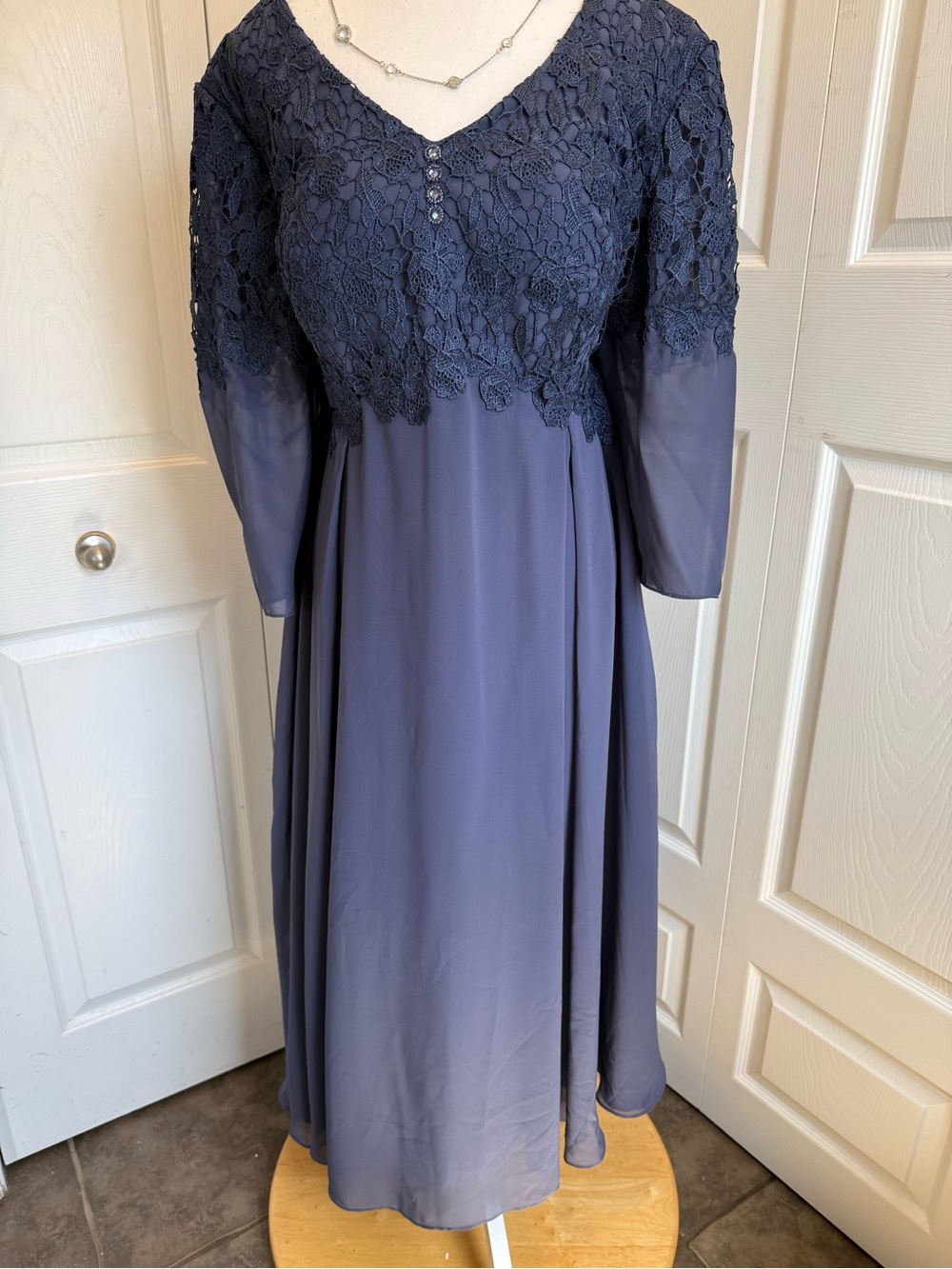 JJs House Navy Lace Bodice Long Sleeve Evening Gown